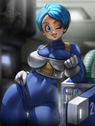 Rule 34 | 1girl, absurdres, alcohol, armor, beer, beer can, blue bodysuit, blue eyes, blue hair, blurry, blurry background, bodysuit, borrowed clothes, bulma, cameltoe, can, covered navel, dragon ball, drink can, earrings, elite nappa, freezer, gloves, grin, highres, jewelry, laboratory, one eye closed, short hair, skin tight, smile, solo, thighs, white gloves