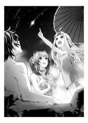 Rule 34 | 1boy, 2girls, angel wings, arm up, collarbone, feathered wings, filo (tate no yuusha no nariagari), from below, greyscale, highres, index finger raised, iwatani naofumi, long hair, minami seira, monochrome, multiple girls, naked towel, novel illustration, official art, onsen, outdoors, raccoon girl, raccoon tail, raphtalia, sky, star (sky), starry sky, tail, tate no yuusha no nariagari, towel, very long hair, wings