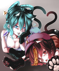 Rule 34 | 2girls, :p, animal ears, animal hands, bare shoulders, blue eyes, blue hair, breasts, brown eyes, brown hair, cat ears, cat tail, cleavage, earrings, gradient background, hair ornament, hair rings, hair stick, hat, head rest, heart, highres, jewelry, jiangshi, kaku seiga, kemonomimi mode, lipstick, looking at viewer, lying, makeup, mascara, miyako yoshika, multiple girls, ofuda, on stomach, outstretched arms, shika miso, star (symbol), tail, tongue, tongue out, touhou