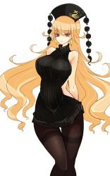 Rule 34 | 1girl, arms behind back, black pantyhose, black sweater, blonde hair, breasts, curvy, earrings, eyelashes, hair between eyes, headdress, highres, jewelry, junko (touhou), large breasts, long hair, meme attire, no pants, pantyhose, raptor7, red eyes, ribbed sweater, shiny skin, smile, solo, sweater, sweater vest, thighband pantyhose, thighs, touhou, turtleneck, turtleneck sweater, very long hair, virgin killer sweater, wide hips
