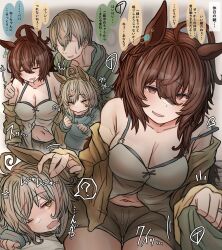 Rule 34 | 1boy, 1koma, 2girls, ?, absurdres, aged up, agnes tachyon (umamusume), ahoge, alternate breast size, alternate costume, animal ears, bare shoulders, blurry, blurry background, breasts, brown eyes, brown hair, cleavage, collarbone, comic, drooling, earrings, faceless, faceless male, family, fang, green hoodie, grey shorts, hair between eyes, highres, hood, hoodie, horse ears, horse girl, huge ahoge, if they mated, jacket, jewelry, large breasts, leogust, light brown hair, long sleeves, medium breasts, medium hair, messy hair, midriff peek, mother and daughter, multiple girls, navel, notice lines, off shoulder, one eye closed, open mouth, original, personification, short shorts, shorts, single earring, sleepy, speech bubble, spoken question mark, sweatdrop, trainer (umamusume), translation request, umamusume, yellow eyes, yellow jacket