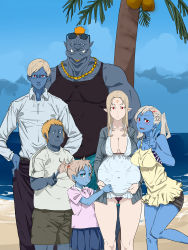 Rule 34 | 3boys, 3girls, absurdres, beach, blonde hair, blue eyes, blue skin, breasts, brother and sister, brothers, cleavage, colored skin, day, dress, elf, expressionless, family, father and daughter, father and son, female orc, ginzou, glasses, highres, husband and wife, long hair, looking at viewer, mature female, mother and daughter, mother and son, multiple boys, multiple girls, ocean, orc, original, outdoors, pants, pointy ears, pregnant, red eyes, shirt, shore, siblings, sisters, sky, smile, tropical, tusks, v, water