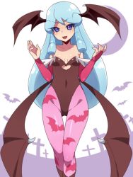 Rule 34 | 1girl, animal print, bad id, bad twitter id, bare shoulders, bat print, blue eyes, blue hair, blush, breasts, cleavage, cosplay, crossover, eyelashes, happinesscharge precure!, happy, head wings, hosshiwa, jpeg artifacts, long hair, looking at viewer, low wings, matching hair/eyes, mogiki hayami, morrigan aensland, morrigan aensland (cosplay), open mouth, pantyhose, parted bangs, patterned legwear, pink pantyhose, precure, print pantyhose, small breasts, smile, solo, source request, vampire (game), white background, wings