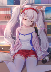 Rule 34 | 1girl, 2021, animal ears, azur lane, book, bookshelf, bottle, breasts, camisole, closed eyes, crossed bangs, dated, fake animal ears, hair between eyes, hairband, highres, jacket, laffey (azur lane), library, long hair, miniskirt, one side up, open book, open clothes, open jacket, pink jacket, pleated skirt, rabbit ears, red hairband, red skirt, skindentation, skirt, sleeping, small breasts, solo, thighhighs, twintails, very long hair, white camisole, white hair, white thighhighs, wine bottle, xiao shi lullaby, zettai ryouiki