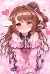 Rule 34 | 1girl, blush, bow, bowtie, brown hair, clothing cutout, dress, embarrassed, full-face blush, hair bow, heart, highres, idol, idolmaster, idolmaster cinderella girls, j2l, looking at viewer, one side up, own hands together, patterned clothing, pink dress, shimamura uzuki, shoulder cutout, solo, spoken blush, wavy hair, wavy mouth