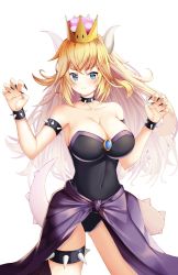 Rule 34 | &gt;:(, 1girl, armlet, bare legs, bare shoulders, black leotard, black nails, blonde hair, blue eyes, blush, bowsette, bracelet, breasts, claws, cleavage, closed mouth, collar, collarbone, covered navel, crown, fang, fang out, female focus, fingernails, gem, hair down, hands up, horns, jewelry, kotomaru (sirouko9511), large breasts, legs, leotard, long hair, looking at viewer, mario (series), monster girl, nail polish, neck, new super mario bros. u deluxe, nintendo, purple sarong, blue gemstone, sarong, serious, sharp fingernails, solo, spiked armlet, spiked bracelet, spiked collar, spiked tail, spiked thighlet, spikes, standing, strapless, strapless leotard, super crown, tail, thighlet, very long hair, white background, white horns