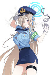 Rule 34 | 1girl, absurdres, asuna (blue archive), belt, black belt, blue archive, blue eyes, blue hat, blue ribbon, blue shirt, blue skirt, blush, breasts, collared shirt, cuffs, dori (choejeongmin7), gloves, grin, hair over one eye, hair ribbon, hat, highres, large breasts, light brown hair, long hair, police, police hat, police uniform, policewoman, ribbon, shackles, shirt, short sleeves, simple background, skirt, smile, solo, thigh strap, uniform, white background, white gloves