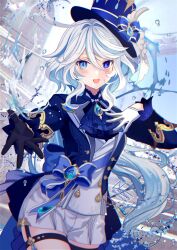 Rule 34 | 1girl, asymmetrical gloves, black gloves, blue bow, blue gemstone, blue hair, blue headwear, blue jacket, bow, bright pupils, drop-shaped pupils, furina (genshin impact), gem, genshin impact, gloves, hair between eyes, hat, highres, jacket, long hair, long sleeves, looking at viewer, mismatched gloves, mismatched pupils, multicolored hair, nozomi fuuten, open clothes, open jacket, open mouth, short shorts, shorts, sidelocks, signature, smile, symbol-shaped pupils, top hat, twitter username, white gloves, white hair, white pupils, white shorts