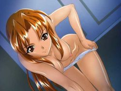 Rule 34 | 1girl, bent over, breasts, brown eyes, brown hair, dutch angle, hand on own hip, hanging breasts, hip focus, jpeg artifacts, long hair, nipples, panties, panties only, panty pull, red hair, solo, standing, thigh gap, thighs, topless, underwear, underwear only, white panties