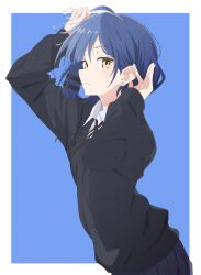 Rule 34 | 1girl, absurdres, ahoge, black sweater, blue hair, blurry, blurry background, bocchi the rock!, commentary request, earrings, eitopondo, hair ornament, highres, jewelry, long hair, long sleeves, looking at viewer, mole, mole under eye, school uniform, shimokitazawa high school uniform, shirt, short hair, solo, sweater, two-tone background, upper body, white background, white shirt, yamada ryo, yellow eyes