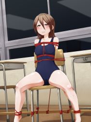 Rule 34 | 1girl, arms behind back, bdsm, blush, bondage, bound, brown eyes, brown hair, chair, classroom, crying, desk, long hair, one-piece swimsuit, original, purinpu, rope, scared, school, school desk, solo, spread legs, spreader bar, swimsuit, tears, tied to chair