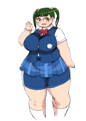 Rule 34 | 10s, 1girl, bow, breasts, brown eyes, fat, glasses, green hair, hair ornament, highres, huge breasts, layered clothes, looking at viewer, nikuko (galko), open mouth, oshiete! galko-chan, over-rim eyewear, plaid, plaid skirt, pleated skirt, plump, school uniform, semi-rimless eyewear, short sleeves, short twintails, skirt, smile, solo, standing, sweater vest, thick thighs, thighs, twintails, white background