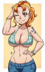 Rule 34 | 1girl, ;), arm tattoo, bare arms, bare shoulders, bellemere, bellemere (cosplay), bikini, bikini top only, breasts, buttons, cleavage, closed mouth, collarbone, commentary, cosplay, denim, english commentary, groin, hand on own hip, hand on own head, hip focus, jeans, log pose, looking at viewer, medium breasts, medium hair, nami (one piece), navel, one eye closed, one piece, orange eyes, orange hair, pants, plaid, scott bennett, short hair, smile, solo, stomach, swimsuit, tattoo, underboob, upper body, very short hair