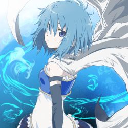 Rule 34 | 10s, 1girl, abstract background, androgynous, armor, black gloves, blue eyes, blue hair, blue theme, breastplate, cape, detached sleeves, elbow gloves, from behind, gloves, looking at viewer, looking back, magical girl, mahou shoujo madoka magica, mahou shoujo madoka magica (anime), matching hair/eyes, messy hair, miki sayaka, short hair, solo, xyz l5