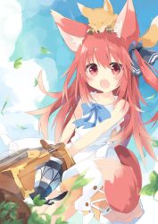Rule 34 | 1girl, :d, animal, animal ear fluff, animal ears, animal on head, bare arms, bare shoulders, blue bow, blue sky, blurry, blurry background, blush, bow, cloud, commentary request, day, depth of field, dress, dutch angle, fang, fox, fox ears, fox girl, fox on head, fox tail, hair between eyes, hair bow, highres, holding, kushida you, lantern, leaf, long hair, looking at viewer, on head, open mouth, original, outdoors, red eyes, red hair, sky, sleeveless, sleeveless dress, smile, solo, suitcase, sundress, tail, very long hair, white dress