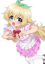 Rule 34 | 1girl, :d, apron, blonde hair, bow, bowtie, close-up, commentary, double v, dress, frilled skirt, frills, hair bow, hasegawa mii, highres, idol, leg up, long hair, looking at viewer, open mouth, pantyhose, purple eyes, re:stage!, shoes, simple background, sincos, sketch, skirt, smile, solo, sparkling eyes, v, white background, white pantyhose