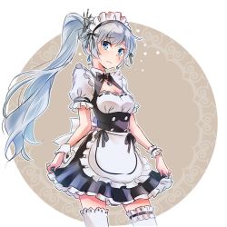 Rule 34 | 1girl, alternate costume, apron, blue eyes, enmaided, frills, iesupa, long hair, maid, maid apron, maid headdress, outside border, ponytail, round image, rwby, scar, side ponytail, skirt, thighhighs, weiss schnee, white hair