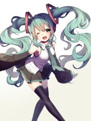 Rule 34 | 1girl, detached sleeves, fang, green eyes, green hair, hatsune miku, long hair, matching hair/eyes, nachiru, necktie, one eye closed, open mouth, skirt, solo, thighhighs, twintails, very long hair, vocaloid