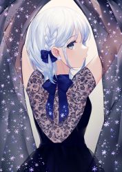 Rule 34 | 1girl, achiki, arms up, back, blue bow, blue dress, bow, braid, commentary request, dress, earrings, from behind, green eyes, hair bow, jewelry, looking at viewer, looking back, original, see-through, snowflake earrings, solo, transparent, upper body, white hair