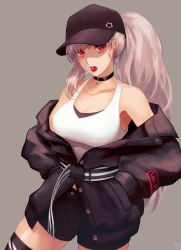 Rule 34 | 1girl, absurdres, baseball cap, black choker, black hat, black jacket, black shorts, black thighhighs, breasts, candy, choker, collarbone, commentary request, food, hat, highres, jacket, kankitsurui (house of citrus), large breasts, lollipop, long hair, long sleeves, mouth hold, off shoulder, original, ponytail, red eyes, short shorts, shorts, solo, tank top, thighhighs, white hair, white tank top