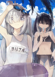 Rule 34 | 2girls, absurdres, adjusting goggles, allial (coefont), arm up, bare arms, bare shoulders, bikini, black hair, blue sky, closed eyes, closed mouth, cloud, coefont, day, eyes visible through hair, food, food in mouth, goggles, goggles on head, hair between eyes, hair ornament, hairclip, hand on own hip, hand up, highres, holding, innertube, looking at viewer, microa, millial (coefont), multiple girls, name tag, navel, one-piece swimsuit, one side up, outdoors, popsicle, popsicle in mouth, purple innertube, showgirl skirt, siblings, sisters, sky, smile, swim ring, swimsuit, white eyes, white hair, white one-piece swimsuit