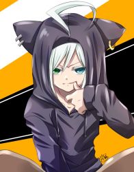 Rule 34 | 1boy, ahoge, androgynous, animal hood, blue eyes, cat hood, collarbone, commentary request, drawstring, earrings, green eyes, heterochromia, hood, hoodie, jewelry, looking at viewer, mahiruno, male focus, purple hoodie, signature, sitting, solo, thumb to mouth, utatane piko, v-shaped eyebrows, vocaloid, white hair