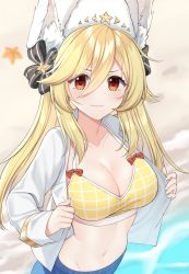 Rule 34 | 1girl, alternate breast size, animal ears, beach, bikini, bikini top only, bikini under clothes, black bow, blonde hair, bow, bow swimsuit, breasts, cleavage, commentary, english commentary, fake animal ears, fur hat, girls&#039; frontline, gold trim, hair between eyes, hat, hat bow, highres, large breasts, light blush, light smile, long hair, long sleeves, looking at viewer, mod3 (girls&#039; frontline), nagant revolver (girls&#039; frontline), nagant revolver (mod3) (girls&#039; frontline), navel, open clothes, open shirt, red bow, red eyes, rynzfrancis, sand, shirt, sidelocks, solo, starfish, swimsuit, swimsuit under clothes, undressing, ushanka, water, white shirt, yellow bikini