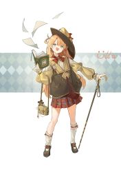 Rule 34 | 1girl, absurdres, asymmetrical legwear, bag, blonde hair, blue eyes, book, bow, bowtie, brown footwear, cane, dalimao, earrings, fang, flying paper, handbag, hat, high-waist skirt, highres, holding, holding book, holding cane, jacket, jewelry, long hair, long sleeves, looking at viewer, magnifying glass, open mouth, original, pages, paper, plaid, plaid skirt, pleated skirt, red bow, red bowtie, red skirt, shirt, shoes, skin fang, skirt, socks, solo, standing, uneven legwear, white shirt