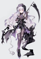 Rule 34 | 1girl, bandaged leg, bandages, bare shoulders, black dress, black footwear, black gloves, black headwear, blush, cape, commentary request, dress, elbow gloves, full body, gloves, grey hair, grey pantyhose, highres, holding, holding scythe, light purple hair, looking at viewer, original, pantyhose, red eyes, sakizaki saki-p, scythe, shinigami, simple background, torn cape, torn clothes, torn pantyhose