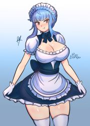 Rule 34 | 1girl, absurdres, alternate breast size, alternate costume, apron, blue hair, breasts, cleavage, clothes lift, fire emblem, fire emblem: three houses, gloves, highres, large breasts, looking at viewer, maid, maid apron, maid headdress, marianne von edmund, nintendo, pout, raydango, red eyes, ribbon, sidelocks, skirt, skirt lift, solo, thighhighs, thighs, v-shaped eyebrows, watermark, white gloves, white thighhighs