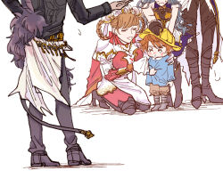 Rule 34 | 2boys, 3girls, animal ears, belial (granblue fantasy), brown hair, child, crying, erune, feather boa, ferry (granblue fantasy), gran (granblue fantasy), granblue fantasy, juliet (granblue fantasy), kindergarten uniform, long sleeves, looking down, multiple boys, multiple girls, out of frame, sandalphon (granblue fantasy), simple background, tandem, tears, white background