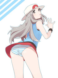 Rule 34 | 1girl, ass, bad id, bad pixiv id, bare shoulders, black wristband, blue shirt, brown eyes, brown hair, bucket hat, cameltoe, commentary request, creatures (company), game freak, hair flaps, hat, highres, leaf (pokemon), legs, long hair, looking back, nintendo, open mouth, panties, pokemon, pokemon frlg, pumpkinpan, red skirt, shirt, skirt, sleeveless, sleeveless shirt, solo, standing, striped clothes, striped panties, teeth, thigh gap, tongue, underwear, upper teeth only, upskirt, white hat, wristband