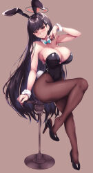 Rule 34 | 1girl, alternate costume, animal ears, aqua bow, aqua bowtie, bare arms, bare shoulders, black footwear, black hair, black leotard, blue archive, blush, bow, bowtie, breasts, brown background, brown pantyhose, cleavage, commentary request, detached collar, fake animal ears, fake tail, full body, halo, hand up, high heels, highres, large breasts, leotard, long hair, looking at viewer, pantyhose, playboy bunny, rabbit ears, rabbit tail, red eyes, rio (blue archive), saboten teishoku, shoe dangle, simple background, sitting, solo, tail, thighhighs, wrist cuffs