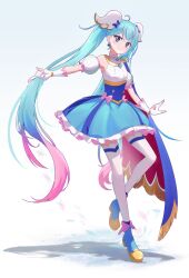 Rule 34 | 1girl, absurdres, ankle boots, ayesha618, blue eyes, blue footwear, blue hair, boots, brooch, cape, cure sky, detached sleeves, dress, earrings, fingerless gloves, frilled dress, frills, full body, gloves, gradient hair, highres, hirogaru sky! precure, index finger raised, jewelry, long hair, looking at viewer, magical girl, multicolored hair, petals, pink hair, precure, puffy detached sleeves, puffy sleeves, shadow, short dress, sleeveless, sleeveless dress, smile, solo, sora harewataru, sparkle, standing, standing on one leg, streaked hair, thighhighs, twintails, two-sided cape, two-sided fabric, very long hair, white gloves, white thighhighs, wing brooch, wing hair ornament