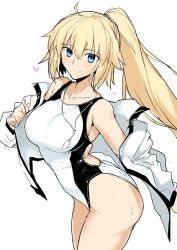 Rule 34 | 1girl, absurdres, ahoge, bare shoulders, blonde hair, blue eyes, breasts, collarbone, competition swimsuit, cowboy shot, fate/grand order, fate (series), halcon, heart, high ponytail, highres, jacket, jacket over swimsuit, jeanne d&#039;arc (fate), jeanne d&#039;arc (ruler) (fate), jeanne d&#039;arc (swimsuit archer) (fate), jeanne d&#039;arc (swimsuit archer) (second ascension) (fate), large breasts, long hair, looking at viewer, off shoulder, one-piece swimsuit, open clothes, open jacket, ponytail, simple background, sketch, smile, solo, sweat, swimsuit, very long hair, whistle, whistle around neck, white background, white one-piece swimsuit
