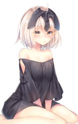 Rule 34 | 1girl, ahoge, alternate costume, bare shoulders, blonde hair, blush, breasts, cleavage, fate/grand order, fate (series), frown, headpiece, highres, jeanne d&#039;arc (fate), jeanne d&#039;arc alter (avenger) (fate), jeanne d&#039;arc alter (fate), looking at viewer, ntk (7t5), short hair, simple background, sitting, solo, wariza, white background, yellow eyes