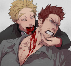 Rule 34 | 2boys, blonde hair, blood sucking, blood trail, blue eyes, boku no hero academia, chest hair, collarbone, couple, endeavor (boku no hero academia), facial hair, fangs, feathered wings, fukurau, hand on another&#039;s face, hawks (boku no hero academia), injury, large pectorals, male focus, mature male, multiple boys, muscular, muscular male, partially unbuttoned, pectoral cleavage, pectorals, red hair, scar, scar across eye, scar on face, short hair, sideburns, spiked hair, stubble, upper body, wings, yaoi