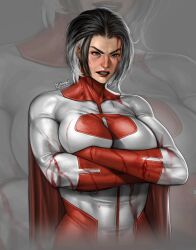 Rule 34 | 1girl, artist name, black hair, blood, blood drip, blood on clothes, blood on face, blue eyes, bodysuit, breasts, cape, commentary, crossed arms, english commentary, genderswap, genderswap (mtf), grey background, hibren, highres, invincible (series), large breasts, mature female, multicolored hair, muscular, muscular female, omni-man, red bodysuit, red cape, serious, simple background, solo, teeth, thick eyebrows, two-tone bodysuit, two-tone hair, white bodysuit, white eyes, zoom layer