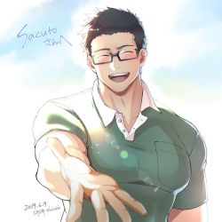 Rule 34 | 1boy, ^ ^, bara, beckoning, blush, brown hair, closed eyes, commission, glasses, green shirt, large pectorals, locksuke, male focus, muscular, muscular male, original, outstretched hand, pectorals, reaching, reaching towards viewer, shirt, short hair, sideburns, skeb commission, smile, solo, upper body