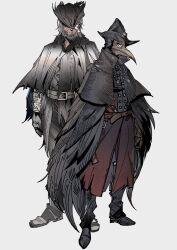 Rule 34 | 1boy, 1girl, bandaged head, bandages, beard, black headwear, black pants, bloodborne, boots, character request, check character, cloak, coat, denny626, eileen the crow, facial hair, feather-trimmed coat, frown, gloves, grey hair, hat, henryk, highres, holding, holding weapon, long coat, mask, pants, plague doctor mask, shoes, short hair, simple background, standing, sword, tricorne, weapon, white background