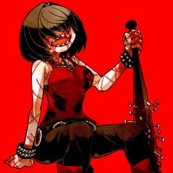 Rule 34 | 1girl, ayame hashinimasen, baseball bat, black hair, black pants, blood, blood on face, blood on hands, bob cut, boots, bracelet, chain, chain necklace, female focus, hair intakes, hair over eyes, holding, holding weapon, jewelry, nail, nail bat, necklace, open mouth, original, pale skin, pants, red background, sharp teeth, simple background, sitting, solo, spiked bracelet, spikes, stitches, studded bracelet, teeth, weapon