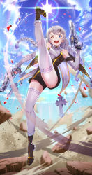 Rule 34 | 1girl, 2nd sacred relic (honkai impact), absurdres, action, ahoge, ass, axe kick, bare shoulders, blue eyes, blush, boots, braid, breasts, cape, cross, cross hair ornament, day, divine prayer, dual wielding, dust, elbow gloves, glint, gloves, groin, gun, hair between eyes, hair ornament, hairband, highres, holding, holding gun, holding weapon, honkai (series), honkai impact 3rd, kiana kaslana, kiana kaslana (divine prayer), kicking, light particles, light rays, long hair, looking at viewer, medium breasts, one eye closed, open mouth, outdoors, petals, short jumpsuit, silver hair, sleeveless jumpsuit, smile, solo, sparkle, sun, thighhighs, thighs, tometoku, twin braids, very long hair, weapon, white thighhighs