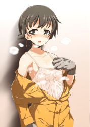 Rule 34 | 10s, 1girl, arm at side, bare shoulders, blush, breasts, brown eyes, brown hair, clothes down, girls und panzer, gloves, hand on own chest, heavy breathing, jumpsuit, looking at viewer, mechanic, nakajima (girls und panzer), open mouth, orange jumpsuit, pandain, see-through, shirt, short hair, small breasts, solo, sweat, tank top, upper body, wet, wet clothes, white shirt