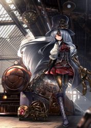 Rule 34 | 1girl, analog clock, aqua hair, artificial eye, ascot, belt, boots, brick floor, clock, cross-laced footwear, dress, gears, gradient eyes, hat, highres, lace-up boots, locomotive, long hair, looking at another, looking to the side, luggage, mecha musume, mechanical arms, mechanical eye, mechanical hands, mechanical legs, multicolored eyes, multiple belts, original, purple eyes, red eyes, robot, roman numeral, ryosios, silver hair, smile, solo, steam locomotive, steampunk, steampunk girl (ryosios), top hat, train station, train station platform, walking