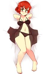 Rule 34 | 1girl, amputee, armless amputee, babydoll, bad source, bare legs, barefoot, bed sheet, black babydoll, black panties, blush, breasts, double amputee, full body, green eyes, katawa shoujo, lingerie, looking at viewer, lying, medium breasts, navel, no arms, on back, panties, red hair, rtil, short hair, smile, solo, tezuka rin, thigh gap, underwear, underwear only
