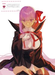 1girl bb_(fate) bb_(fate/extra) black_coat black_skirt breasts closed_mouth coat collared_shirt commentary_request cowboy_shot fate/extra fate/extra_ccc fate_(series) gloves hair_between_eyes hair_ribbon hand_on_own_chest hand_on_own_thigh high-waist_skirt highres large_breasts long_hair long_sleeves looking_at_viewer neck_ribbon open_clothes open_coat pink_eyes pink_hair pleated_skirt popped_collar purple_eyes purple_hair red_ribbon request_inset ribbon shirt simple_background sitting skirt smile solo translation_request white_background white_gloves white_shirt wide_sleeves yowai78638