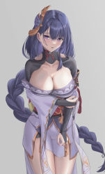 Rule 34 | 1girl, absurdres, arm under breasts, bakemonsou, black gloves, blush, braid, breast hold, breasts, bridal gauntlets, cleavage, clothing cutout, cowboy shot, genshin impact, gloves, grey background, highres, japanese clothes, kimono, large breasts, legs together, looking at viewer, low-braided long hair, low-tied long hair, mole, mole under eye, nail polish, off shoulder, parted lips, purple eyes, purple hair, purple kimono, purple nails, raiden shogun, sash, short kimono, shrug (clothing), sidelocks, simple background, single braid, solo, sweat, thighs, wide sleeves