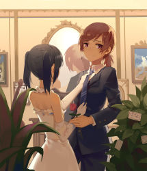 Rule 34 | 10s, 2girls, adjusting clothes, adjusting necktie, alternate costume, alternate hairstyle, back, bare shoulders, bird, black hair, brown hair, business suit, dress, elbow gloves, female focus, flower, formal, gloves, highres, holding, huanxiang heitu, instrument, long sleeves, looking at viewer, love live!, love live! school idol project, low ponytail, mirror, multiple girls, necktie, nishikino maki, painting (object), pigeon, pink eyes, plant, ponytail, purple eyes, red flower, red rose, reflection, rose, short hair, smile, standing, suit, twintails, white dress, white gloves, wife and wife, yazawa nico, yuri