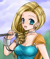 Rule 34 | 1girl, :d, bianca (dq5), blonde hair, blue eyes, braid, breasts, cape, chiru, choker, cleavage, dragon quest, dragon quest v, earrings, hair over shoulder, jewelry, long hair, open mouth, single braid, smile, solo, whip