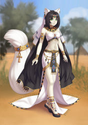 Rule 34 | 1girl, animal ears, ankh, anklet, armlet, bandeau, belly chain, black footwear, black hair, body fur, borrowed character, bracelet, breasts, cape, cat ears, cat girl, cat tail, circlet, commission, cristalavi, day, desert, ear piercing, earrings, egyptian clothes, full body, furry, furry female, gem, gold, green eyes, highres, jewelry, long hair, looking at viewer, medium breasts, midriff, navel, necklace, original, outdoors, parted bangs, piercing, pyramid (structure), skirt, smile, solo, standing, tail, tree, veil, very long hair, white skirt